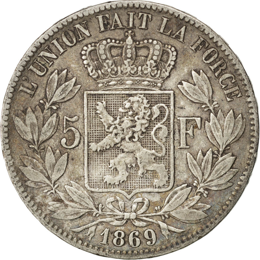 Coin, Belgium, Leopold II, 5 Francs, 5 Frank, 1869, Brussels, EF(40-45), Silver