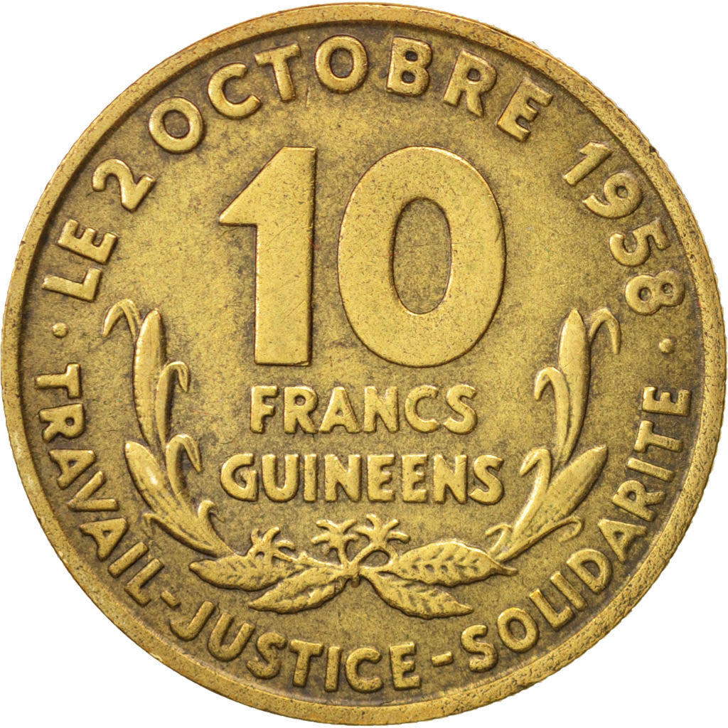 Guinea, 10 Francs, 1959, AU(50-53), Aluminum-Bronze, KM:2