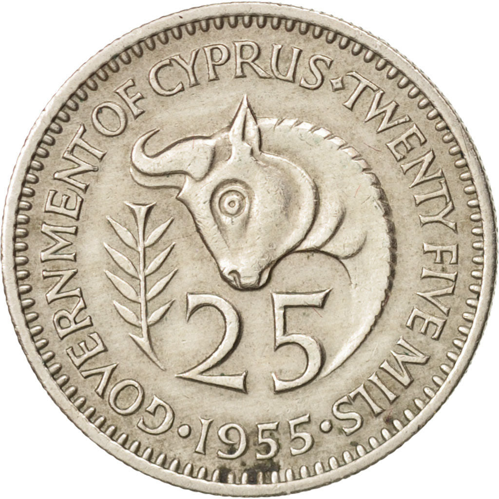 Cyprus, 25 Mils, 1955, AU(50-53), Copper-nickel, KM:35