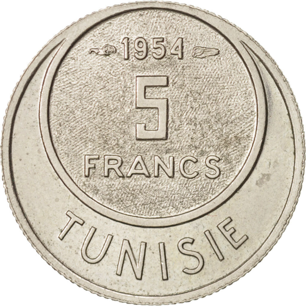 Coin, Tunisia, Muhammad al-Amin Bey, 5 Francs, 1954, Paris, AU(55-58)