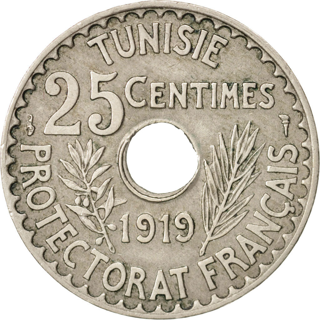 Coin, Tunisia, Muhammad al-Nasir Bey, 25 Centimes, 1919, Paris, AU(50-53)