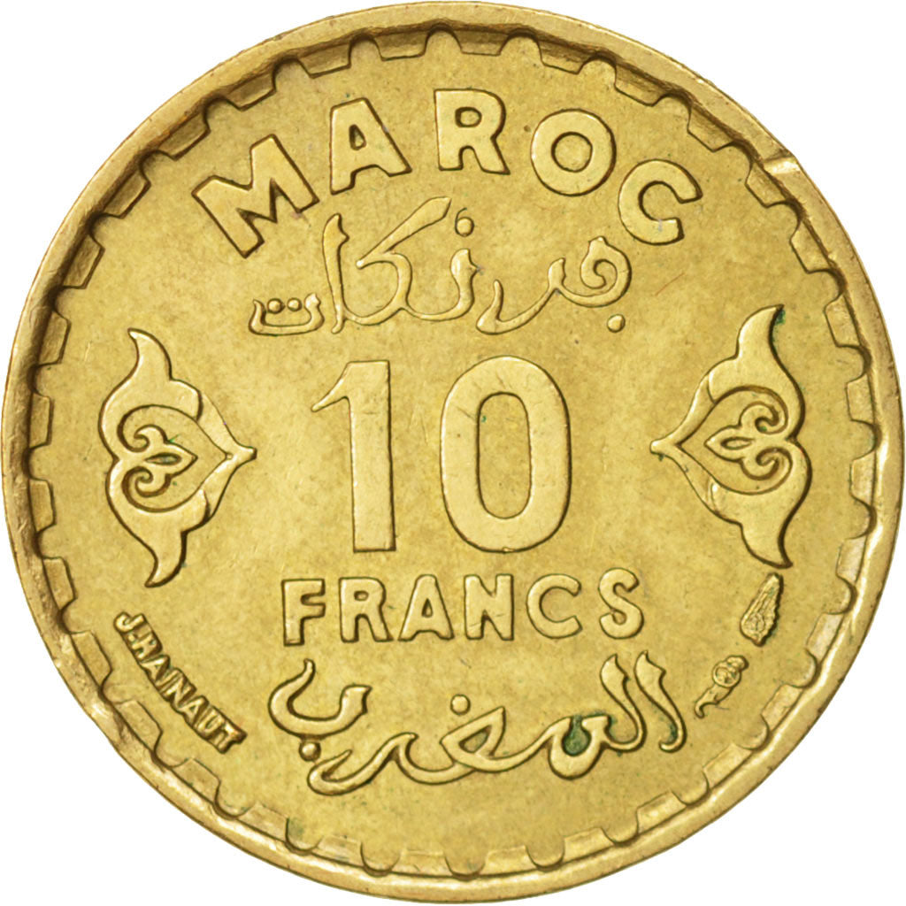 Coin, Morocco, Mohammed V, 10 Francs, 1952, Paris, AU(55-58), Aluminum-Bronze