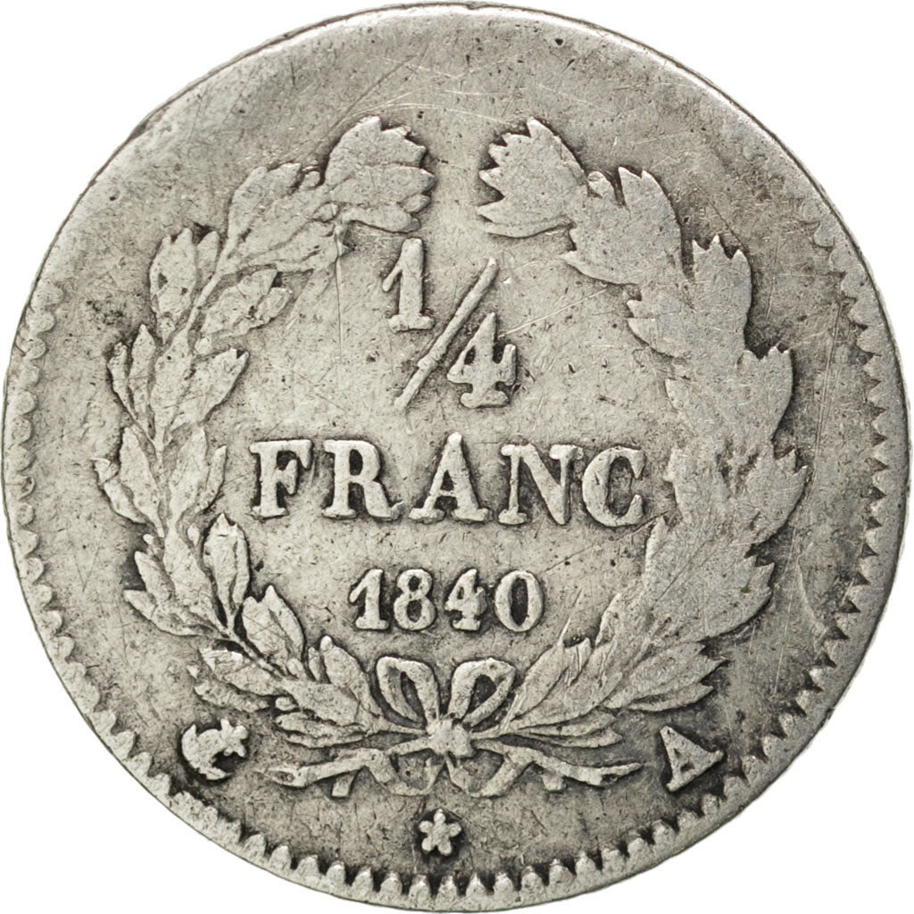 FRANCE, Louis-Philippe, 1/4 Franc, 1840, Paris, KM #740.1, VF(20-25), Silver,...