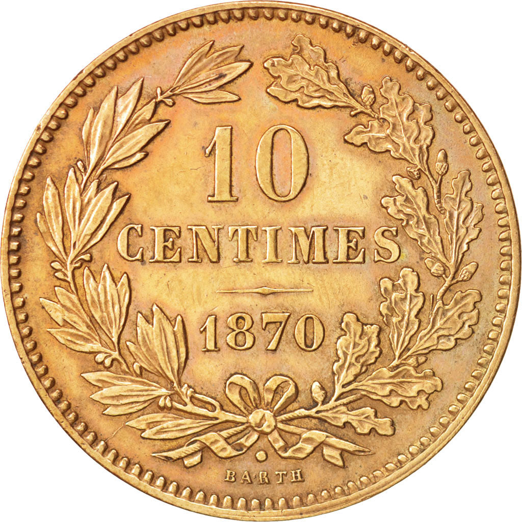 Coin, Luxembourg, William III, 10 Centimes, 1870, Utrecht, AU(50-53), Bronze