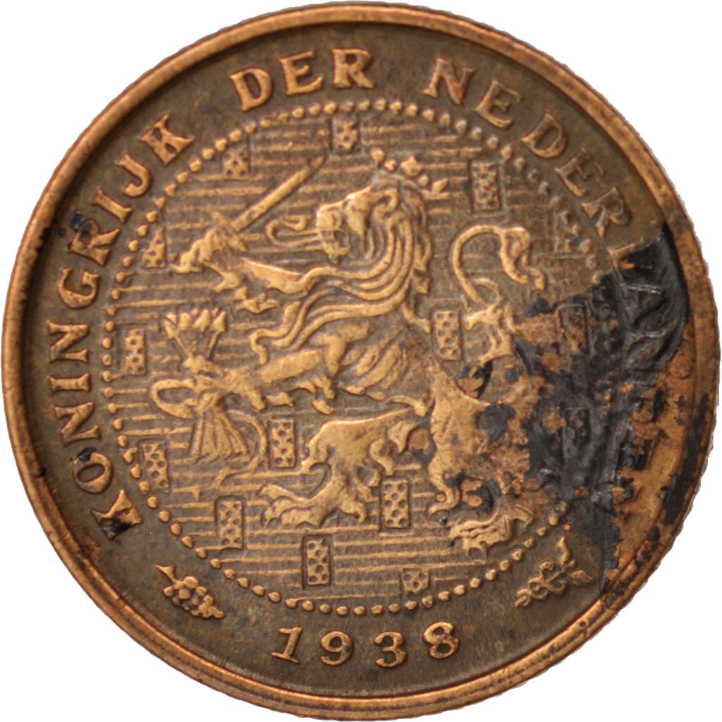 Coin, Netherlands, Wilhelmina I, 1/2 Cent, 1938, AU(50-53), Bronze, KM:138
