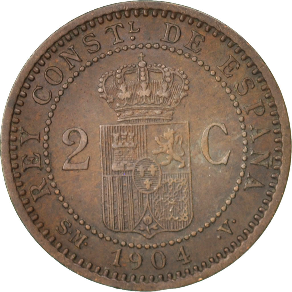 Spain, Alfonso XIII, 2 Centimos, 1904, Madrid, AU(50-53), Copper, KM:722