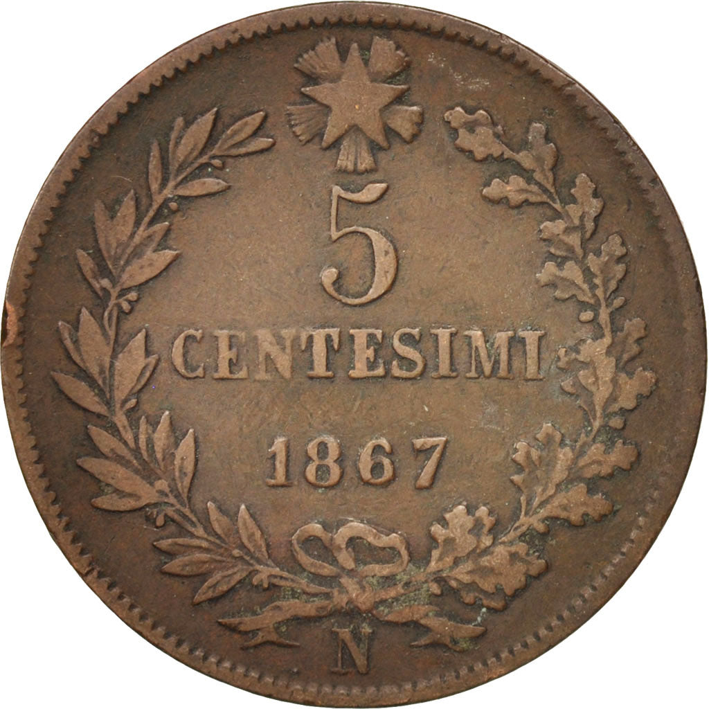 Coin, Italy, Vittorio Emanuele II, 5 Centesimi, 1867, Naples, EF(40-45), Copper