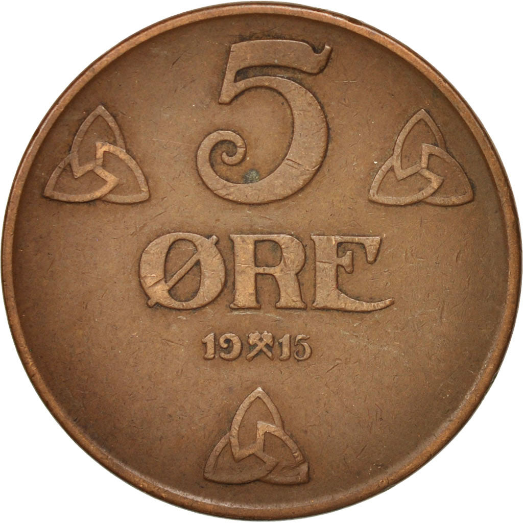 Norway, Haakon VII, 5 Öre, 1915, Kongsberg, EF(40-45), Bronze, KM:368