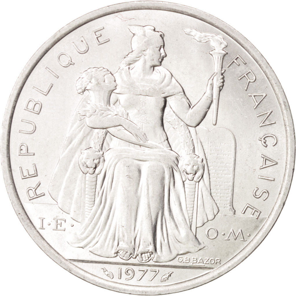 French Polynesia, 5 Francs, 1977, Paris, MS(60-62), Aluminum, KM:12