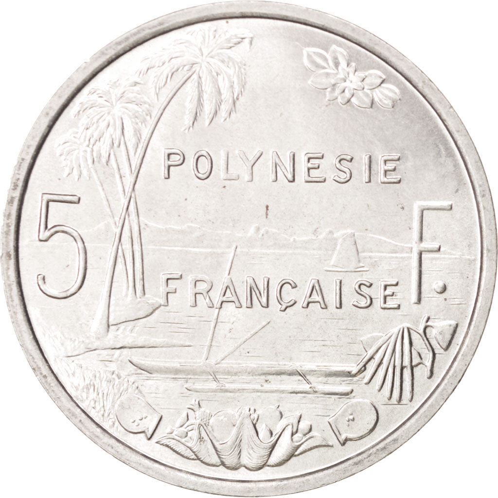 French Polynesia, 5 Francs, 1977, Paris, MS(60-62), Aluminum, KM:12