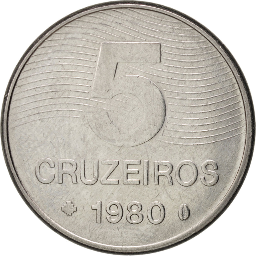 Münze, Brasilien, 5 Cruzeiros, 1980, SS+, Stainless Steel, KM:591