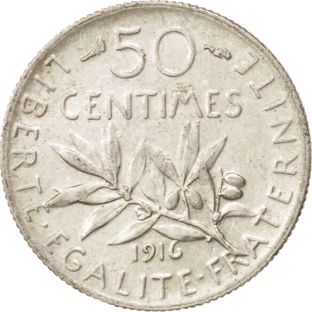 Coin, France, Semeuse, 50 Centimes, 1916, Paris, AU(55-58), Silver, KM:854