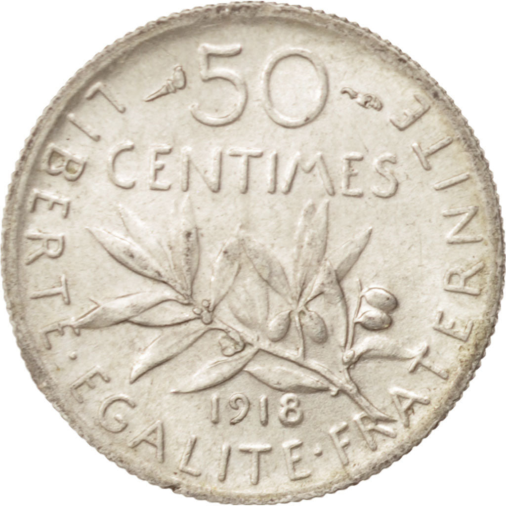France, Semeuse, 50 Centimes, 1918, Paris, MS(63), Silver, KM:854, Gadoury:420