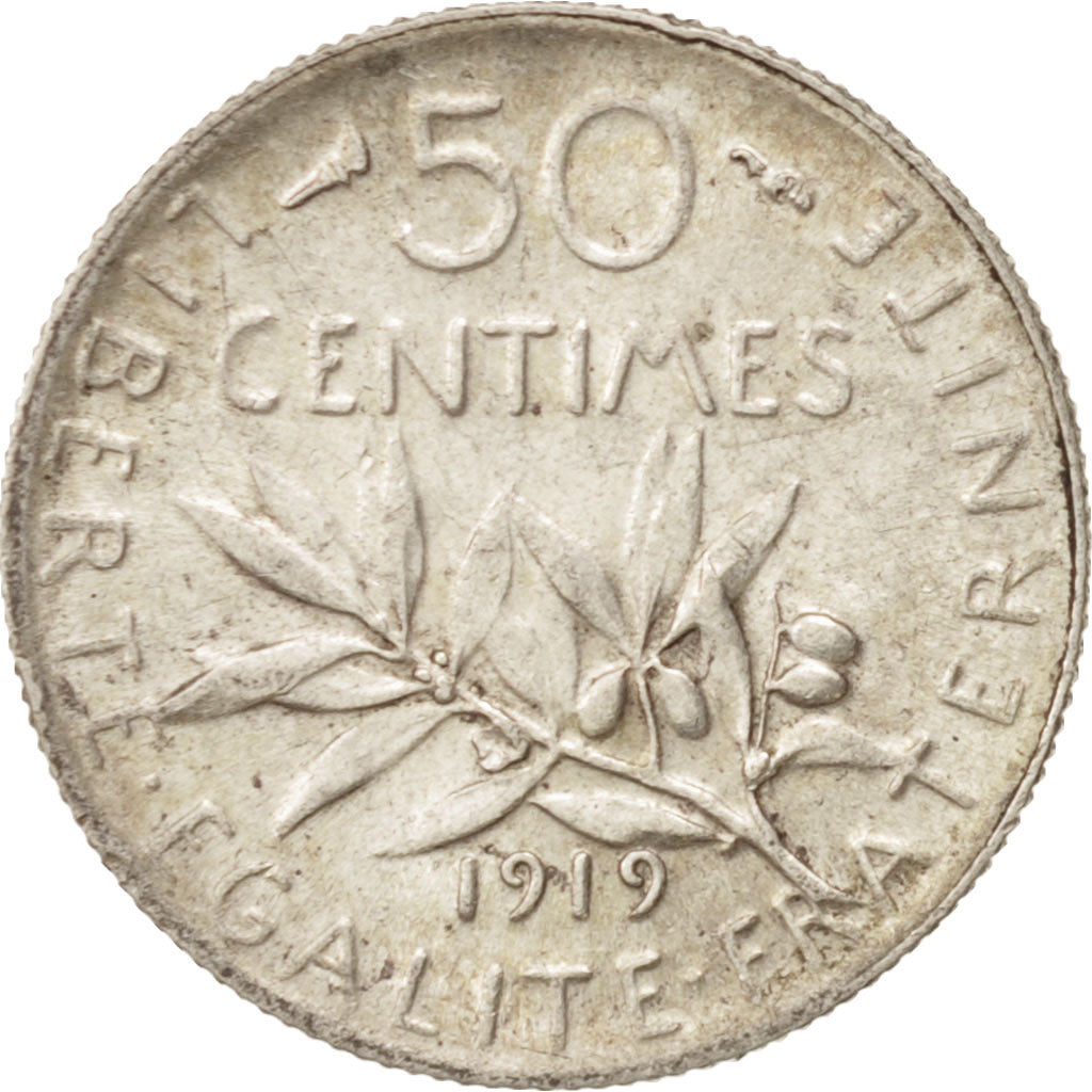France, Semeuse, 50 Centimes, 1919, Paris, MS(60-62), Silver, KM:854