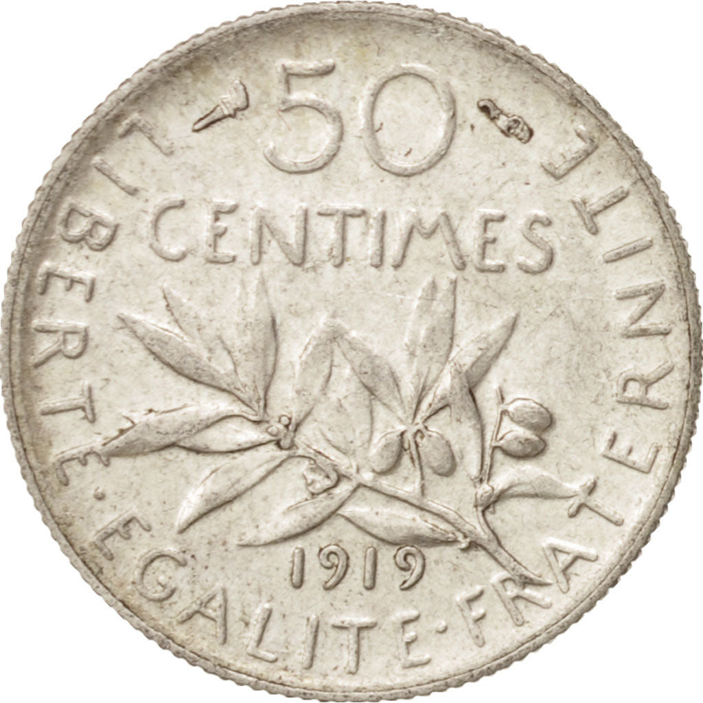 France, Semeuse, 50 Centimes, 1919, Paris, AU(55-58), Silver, KM:854