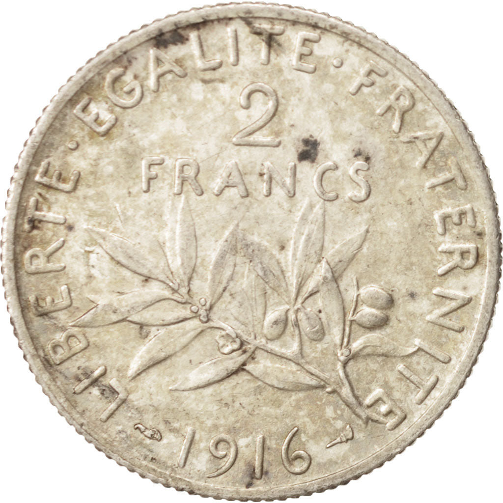 France, Semeuse, 2 Francs, 1916, Paris, AU(55-58), Silver, KM:845.1, Gadoury:532