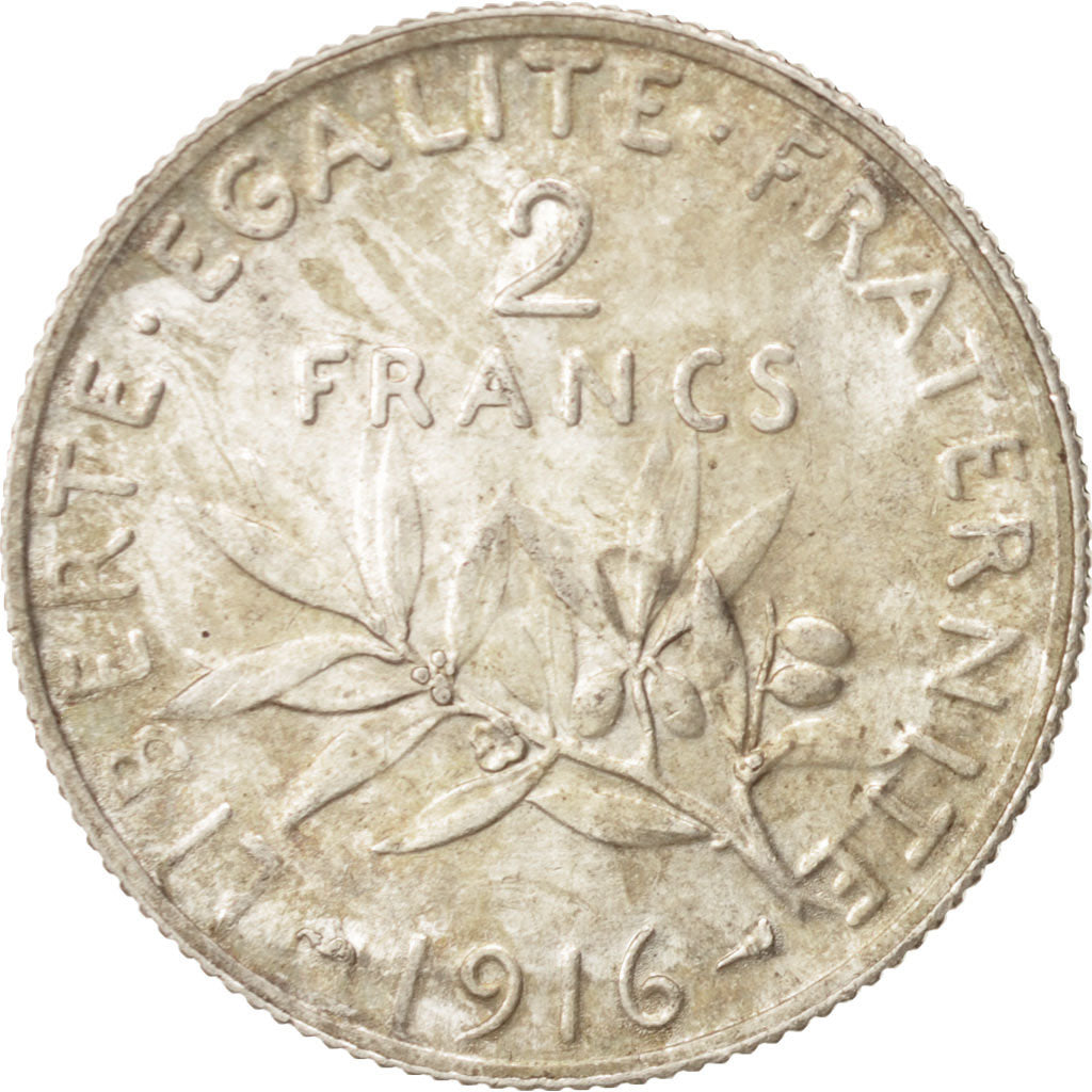 France, Semeuse, 2 Francs, 1916, Paris, MS(60-62), Silver, KM:845.1, Gadoury:532