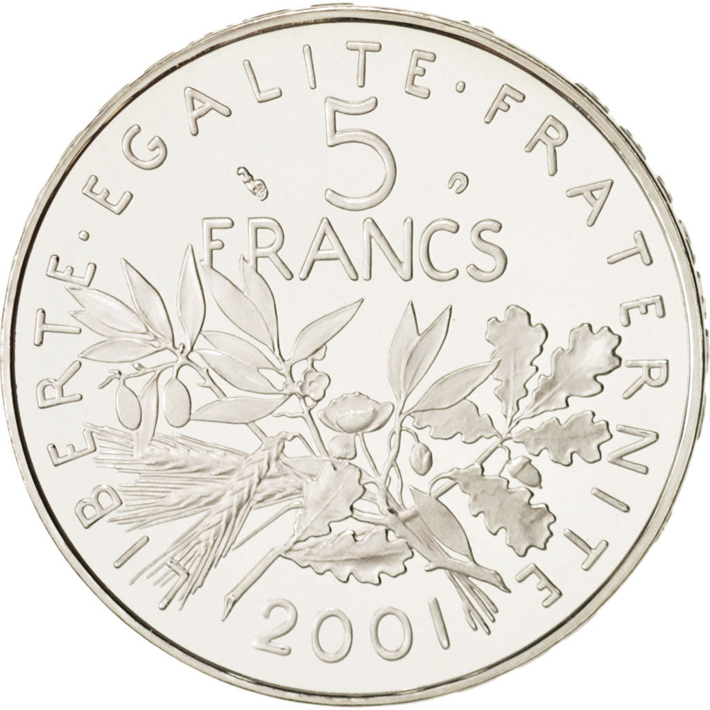 France, 5 Francs, 2001, Paris, MS(65-70), Silver, KM:1309