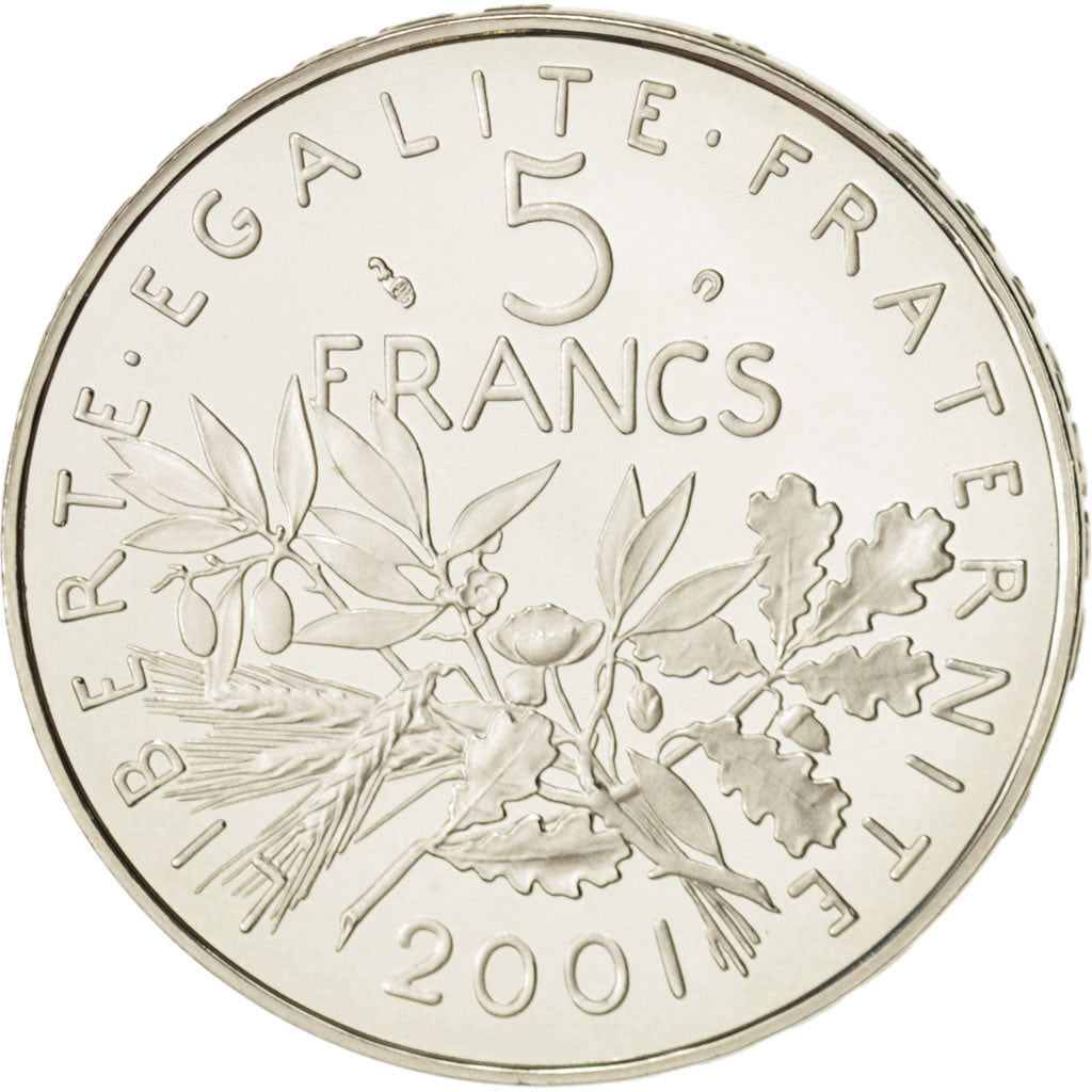 France, 5 Francs, 2001, Paris, MS(65-70), Silver, KM:1309