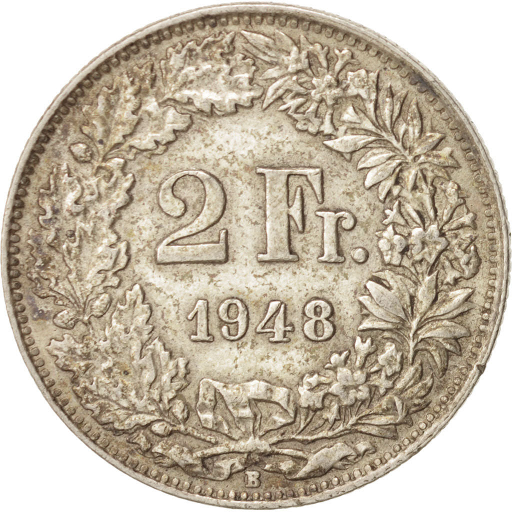Svizzera, 2 Francs, 1948, Bern, MB+, Argento, KM:21