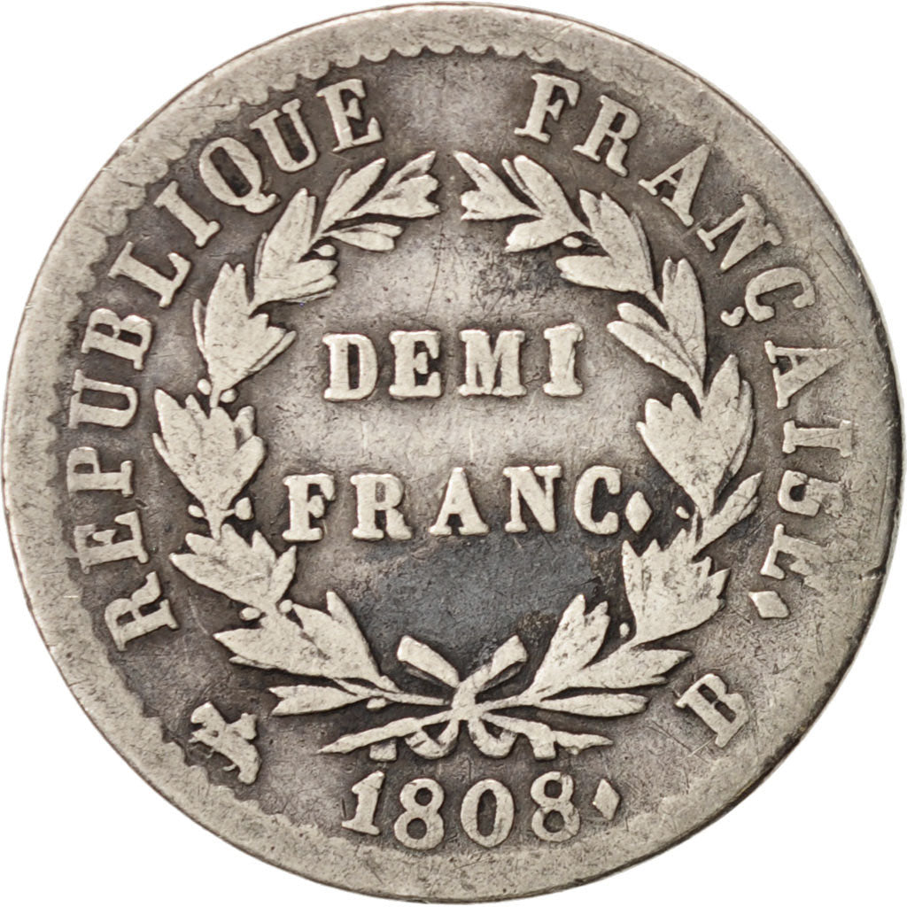 France, Napoléon I, 1/2 Franc, 1808, Rouen, VF(20-25), Silver, KM:680.2