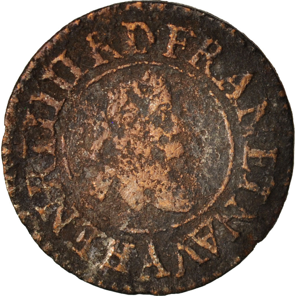 Francia, Henri IV, Denier Tournois, 1607, Paris, B+, Rame, KM:15