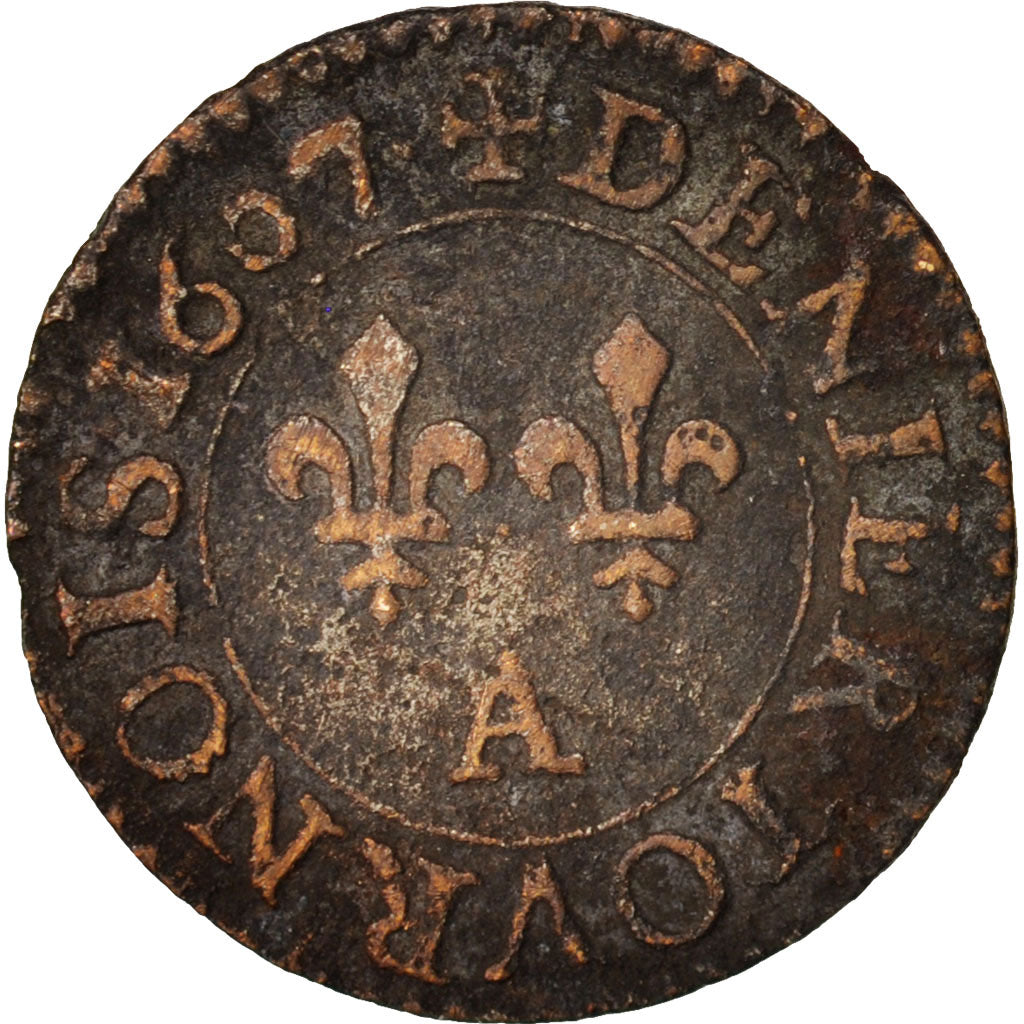 Francia, Henri IV, Denier Tournois, 1607, Paris, B+, Rame, KM:15