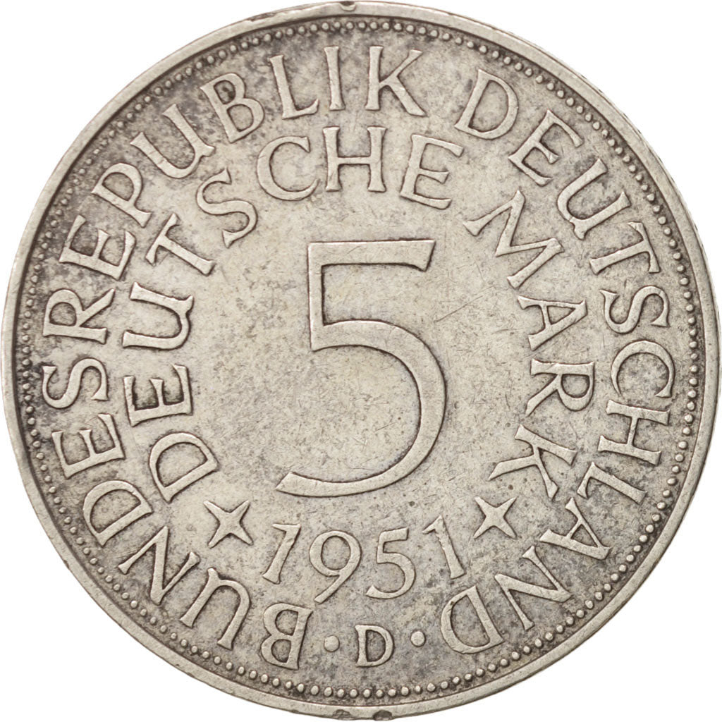 GERMANY - FEDERAL REPUBLIC, 5 Mark, 1951, Munich, AU(50-53), Silver, KM:112.1