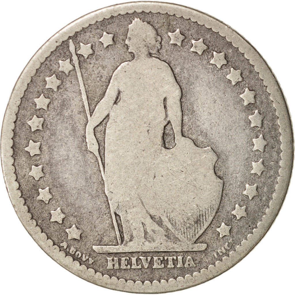 SWITZERLAND, Franc, 1875, Bern, KM #24, F(12-15), Silver, 23.2, 4.69