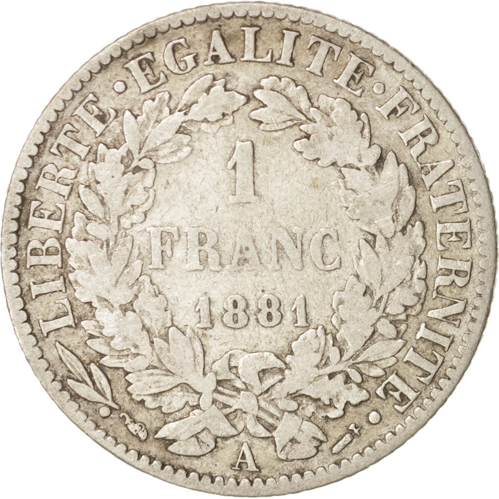 Monnaie, France, Cérès, Franc, 1881, Paris, TB, Argent, KM:822.1, Gadoury:465a
