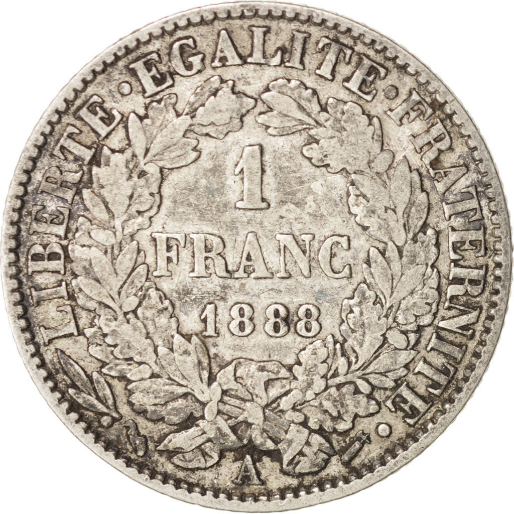 France, Cérès, Franc, 1888, Paris, VF(20-25), Silver, KM:822.1, Gadoury:465a