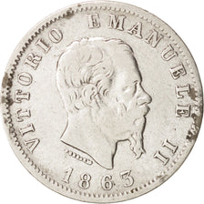 Italie, Vittorio Emanuele II, Lira, 1863, Milan, TB, Argent, KM:5a.1
