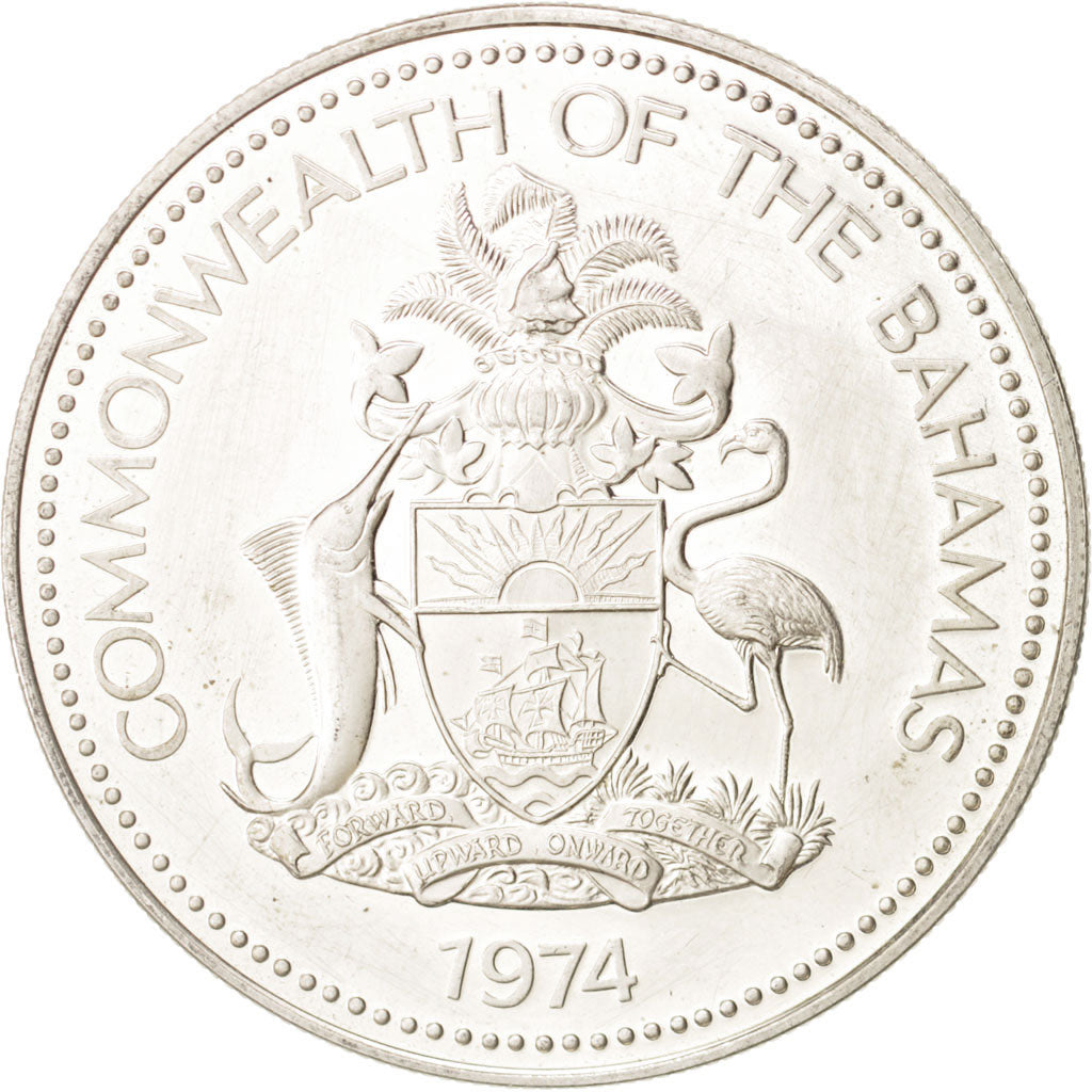 Bahamas, Elizabeth II, 2 Dollars, 1974, Franklin Mint, U.S.A., AU(55-58)