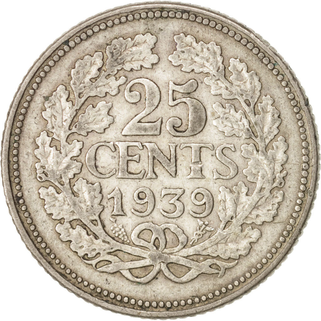 Moneta, Paesi Bassi, Wilhelmina I, 25 Cents, 1939, BB+, Argento, KM:164