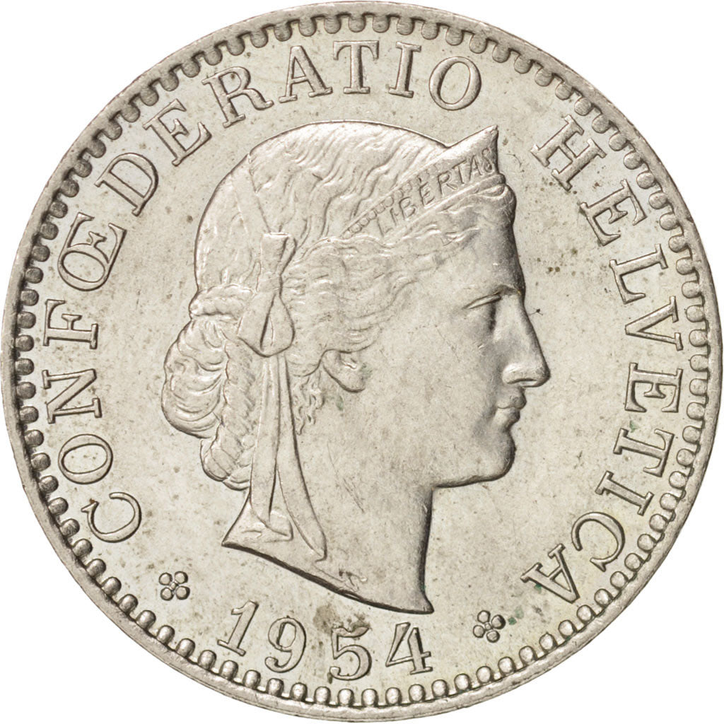 Coin, Switzerland, 20 Rappen, 1954, Bern, MS(60-62), Copper-nickel, KM:29a