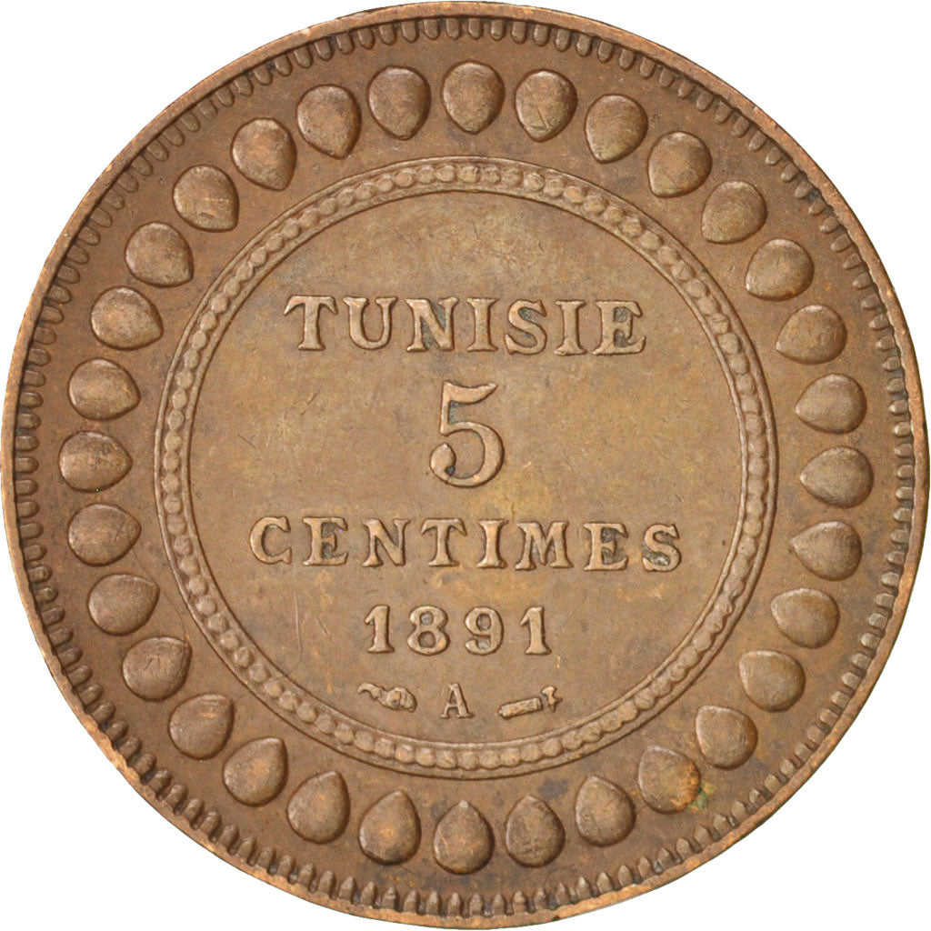 Tunisia, Ali Bey, 5 Centimes, 1891, Paris, AU(50-53), Bronze, KM:221