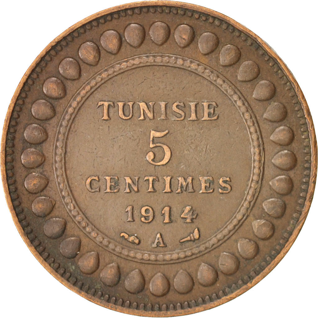 Coin, Tunisia, Muhammad al-Nasir Bey, 5 Centimes, 1914, Paris, AU(50-53)
