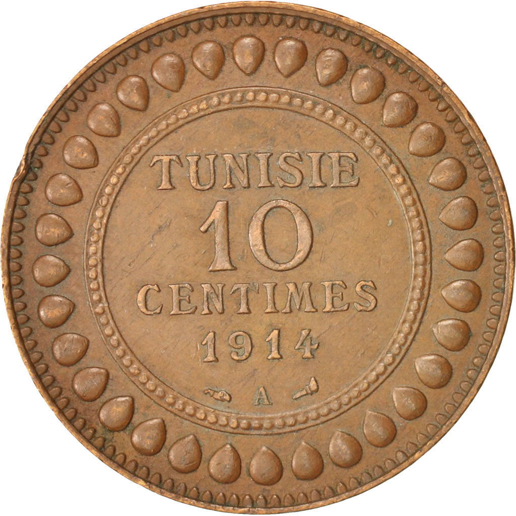 Coin, Tunisia, Muhammad al-Nasir Bey, 10 Centimes, 1914, Paris, AU(50-53)
