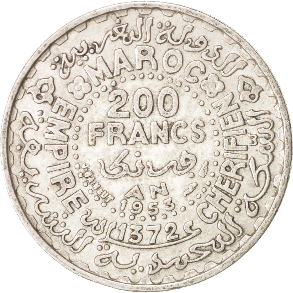 Morocco, Mohammed V, 200 Francs, 1953, Paris, AU(50-53), Silver, KM:53