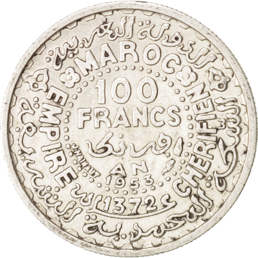 Morocco, Mohammed V, 100 Francs, 1953, Paris, AU(50-53), Silver, KM:52