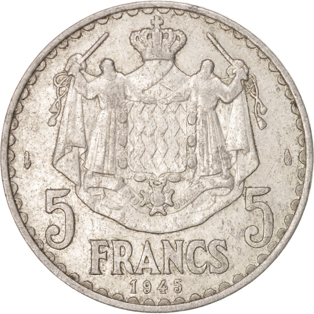 Coin, Monaco, Louis II, 5 Francs, 1945, EF(40-45), Aluminum, KM:122