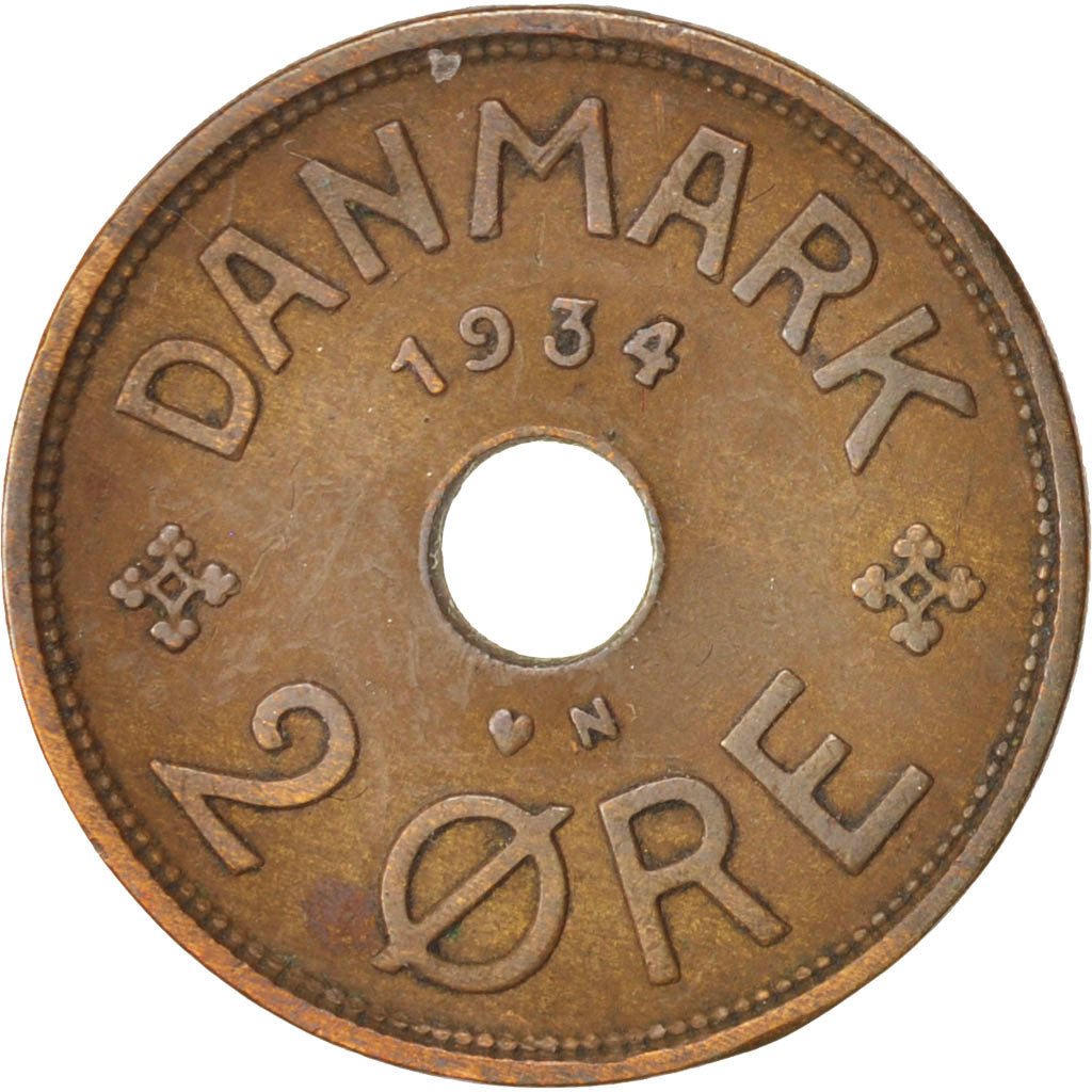 Coin, Denmark, Christian X, 2 Öre, 1934, Copenhagen, EF(40-45), Bronze
