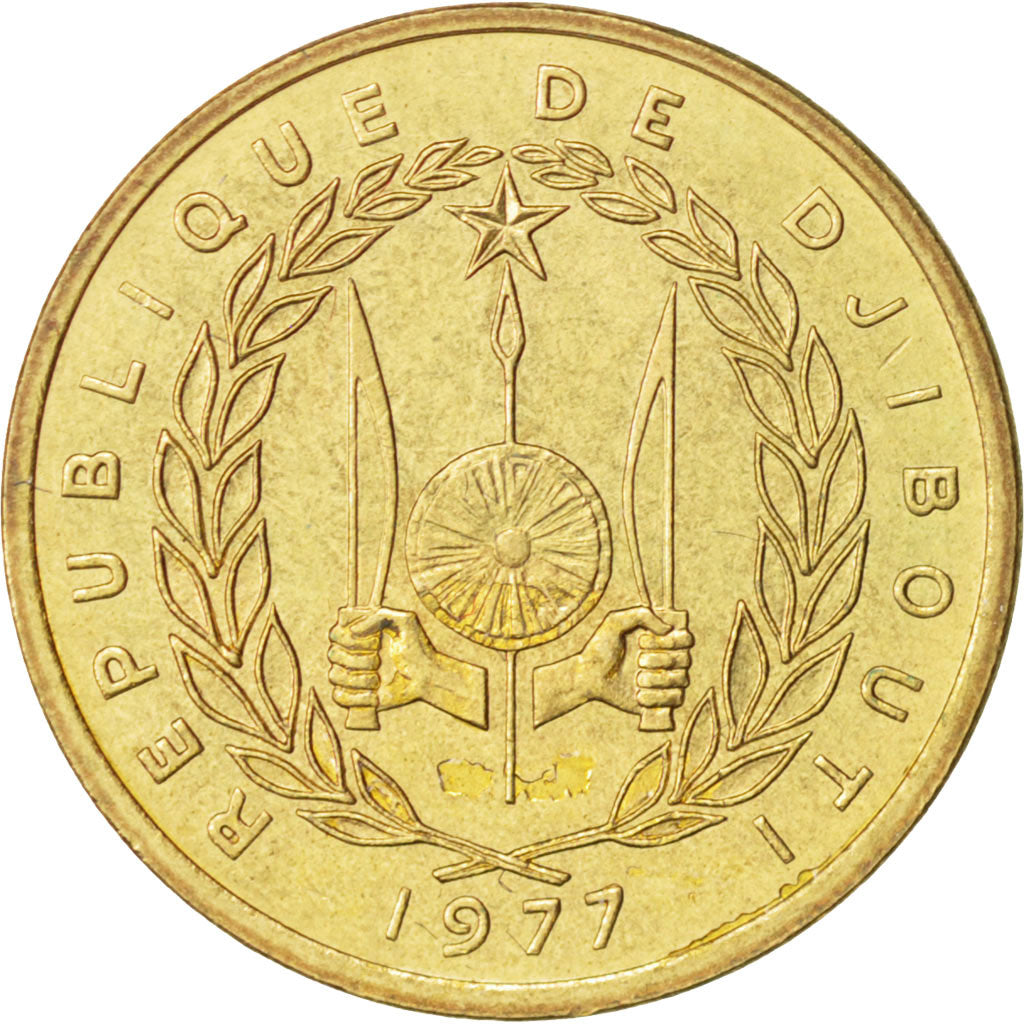 Moneda, Yibuti, 10 Francs, 1977, Paris, MBC+, Aluminio - bronce, KM:23