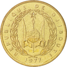 Moneda, Yibuti, 10 Francs, 1977, Paris, MBC+, Aluminio - bronce, KM:23