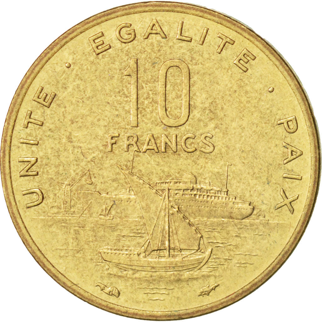 Moneda, Yibuti, 10 Francs, 1977, Paris, MBC+, Aluminio - bronce, KM:23