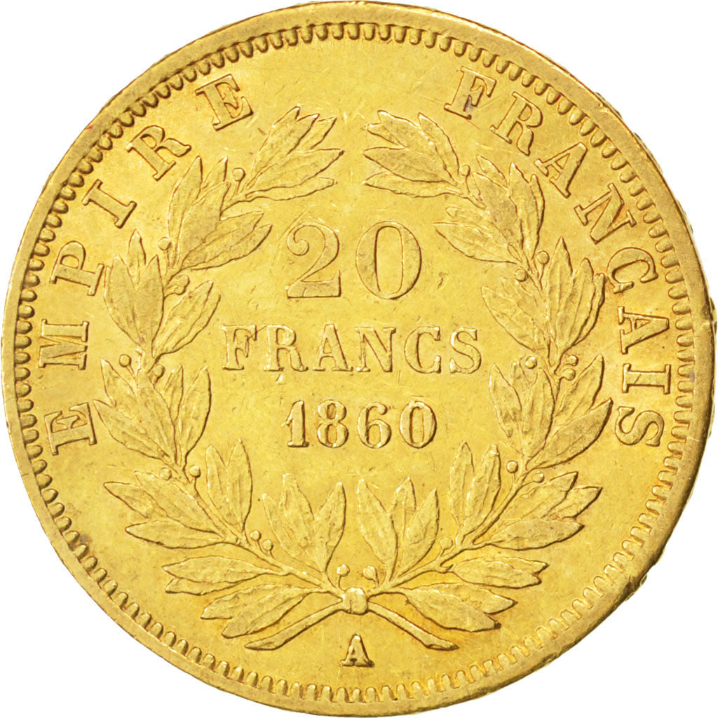 FRANCE, Napoléon III, 20 Francs, 1860, Paris, KM #781.1, AU(55-58), Gold, Gadour