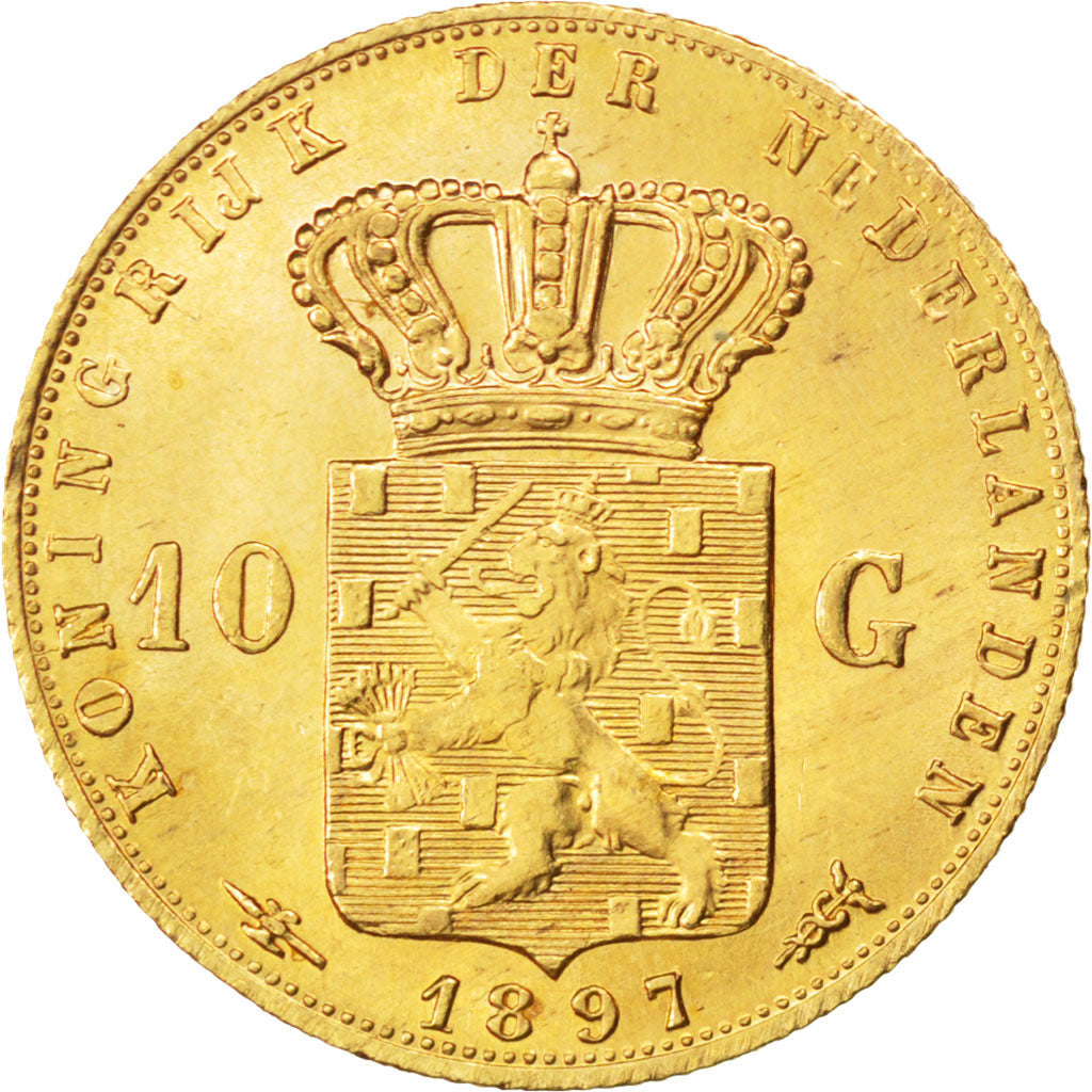 NETHERLANDS, 10 Gulden, 1897, Utrecht, KM #118, AU(55-58), Gold, 22.5, 6.70