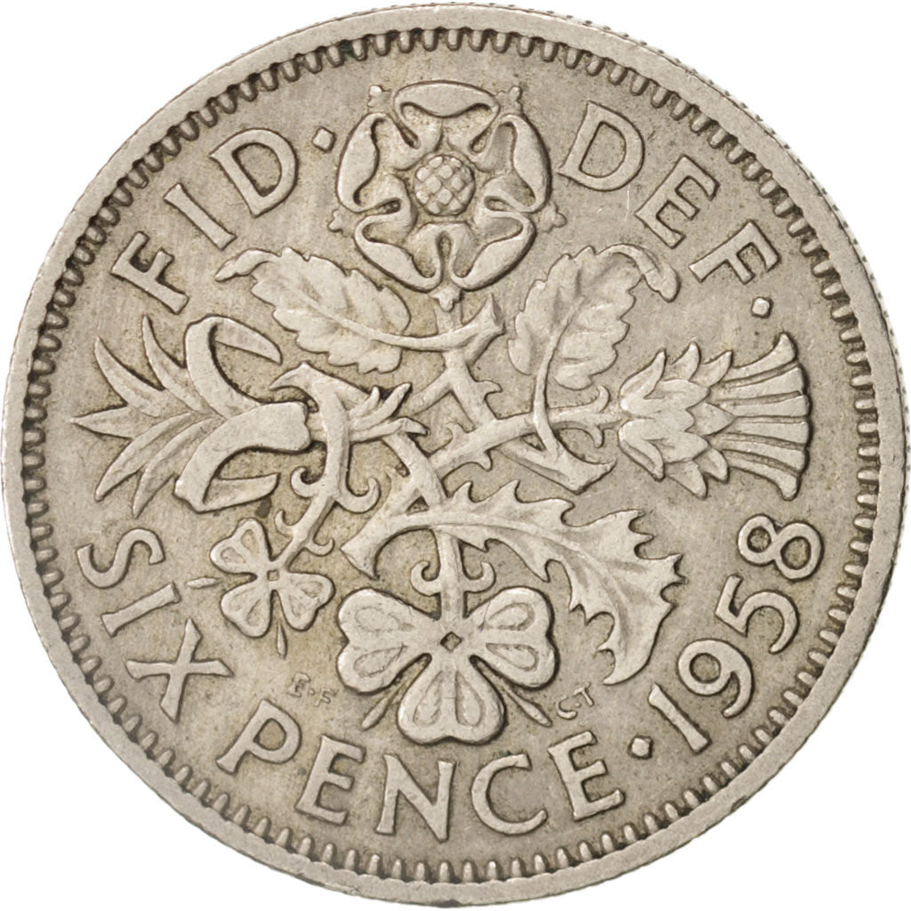 Coin, Great Britain, Elizabeth II, 6 Pence, 1958, AU(50-53), Copper-nickel