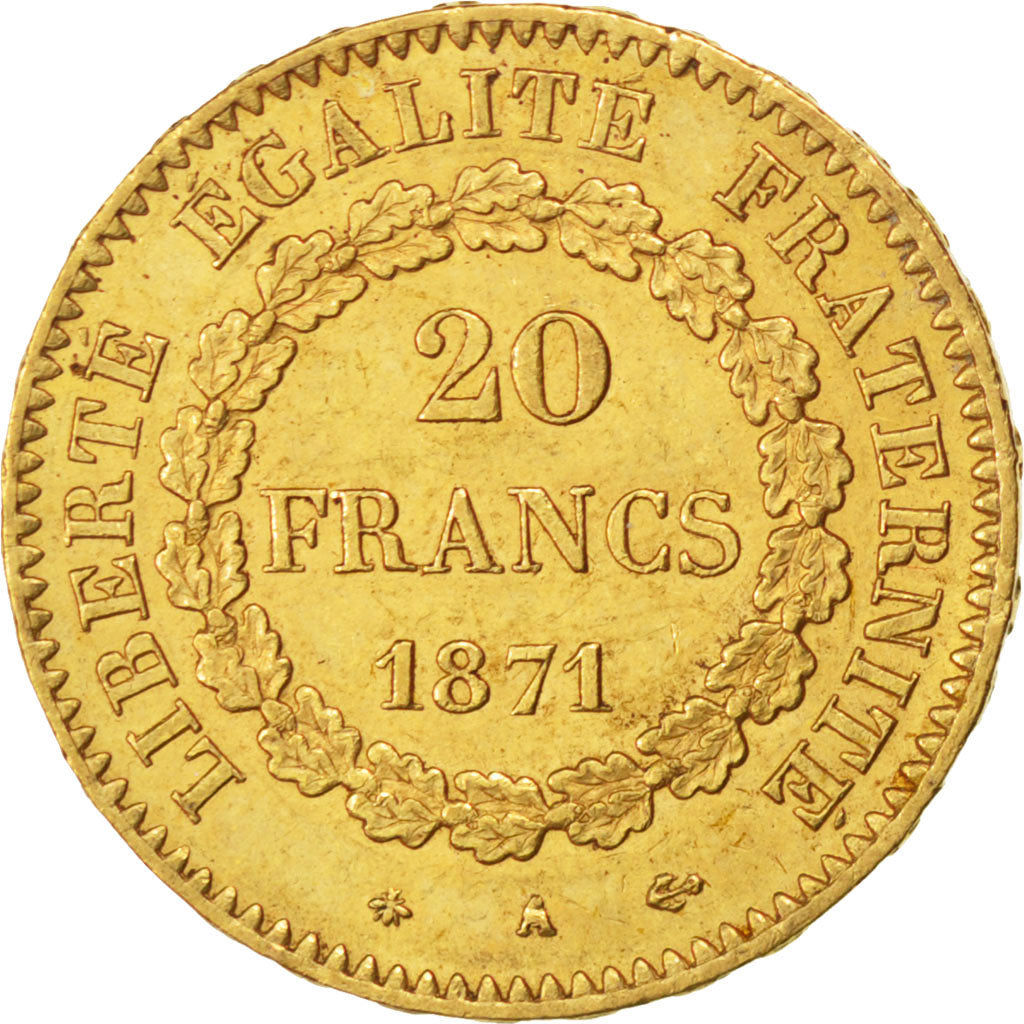 FRANCE, Génie, 20 Francs, 1871, Paris, KM #825, AU(50-53), Gold, Gadoury #1063, 