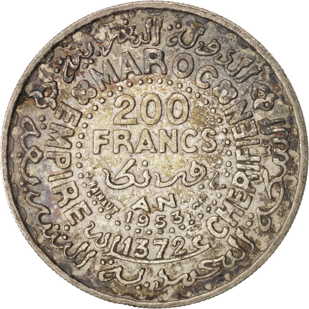 Morocco, Mohammed V, 200 Francs, 1953, Paris, AU(50-53), Silver, KM:53
